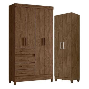Imagem de Guarda Roupa Solteiro Sobral e Armário Multiuso New Íris Castanho Wood