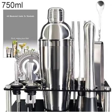 Imagem de Kit Bartender Profissional, Coqueteleira 750ml com Suporte, Aço Inoxidável, 13 Peças, Base Acrílica Preta, Conjunto para Cocktails com Acessórios e Receitas