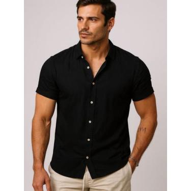 Imagem de Camisa Social Masculina com Gola Padre Manga Curta - Volgue, Preto, M