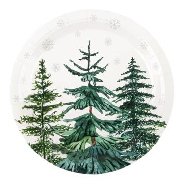 Imagem de Pratos de papel para árvores de Natal, árvore de Natal, floco de neve, descartável, prato de sobremesa, verde floresta, utensílios de mesa redondos para decoração de mesa de Natal, inverno, férias de
