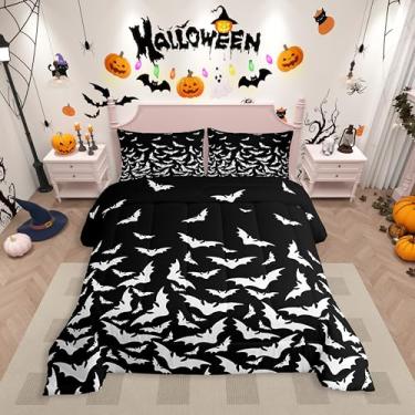 Imagem de Erosebridal Jogo de cama Happy Halloween, morcegos góticos, Queen, branco, silhueta assustadora, conjunto de edredom preto e branco para decoração de Halloween