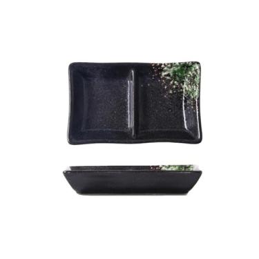 Imagem de hezhuhe2258 Recipiente de caixa de lanche prato de molho de soja de cerâmica de grade dupla para churrasco tempero prato de mergulho dividido pratos de refeições de sushi (preto verde)