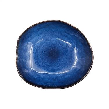 Imagem de Lata de lixo Prato de jantar de cerâmica para uso doméstico Prato de salada de esmalte azul Prato de frutas Prato de pão Prato de mesa irregular Prato de comida ocidental/materiais de cozinha(26.5cm)