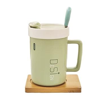 Imagem de GRFIT Caneca 460 ml Caneca de escritório copo de cerâmica copo adorável com tampa colher porta-copos grande capacidade café da manhã xícara de café caneca de café (cor: branco)