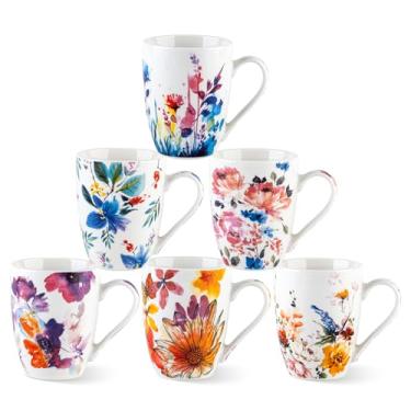 Imagem de GBHOME Conjunto de canecas de café de 340 g para 6, canecas de café de cerâmica com flores decalques para homem, mulher, mãe, pai, conjunto de canecas de café leves para latte/cappuccino/cacau/leite