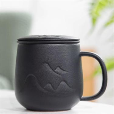 Imagem de hezhuhe2258 Caneca de café com tampa, conjunto de 1 caneca de café de cerâmica com capacidade de filtro interno de 340 ml para escritório ou armazenamento de presentes para idosos (preto)