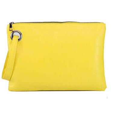 Imagem de Amaze Bolsa clutch feminina grande de couro PU bolsa de mão para noite bolsa envelope com alça de ombro senhora, Amarelo, Large