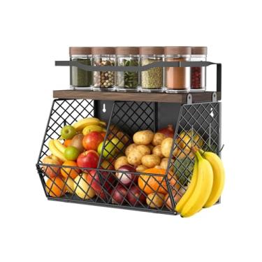 Imagem de Cesta magnética 3 em 1 de frutas e vegetais com prateleira de especiarias para geladeira – suporte na parede para bancada, cozinha, arame organizador para batata, cebola, itens essenciais de cozinha e