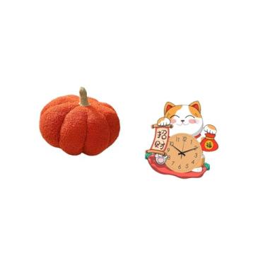 Imagem de Fenteer Almofada de Pelúcia com Relógio de Gato de Abóbora Encantadora para Decoração de Sofá-cama de Quarto Infantil, Almofada Silenciosa para Pendurar Na Pa