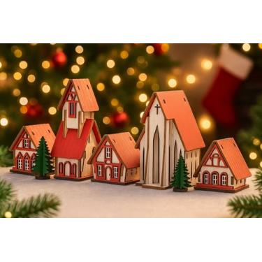 Imagem de Vila Natalina Cenário de Natal Decorativo – Kit 5 Peças Enfeites de Natal, Casinhas e Miniaturas para Decoração Natalina de Mesa e Aparador