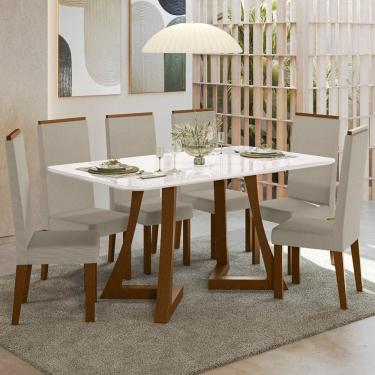 Imagem de Sala Jantar Ana 160cm Vidro 6 Cadeiras Linho Livia Âmbar/Off White