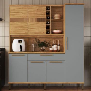 Imagem de Cozinha Compacta Touriga 6 Portas 1 Gaveta 100% Mdf com Vidro Amêndoa/Cinza - Rio Doce