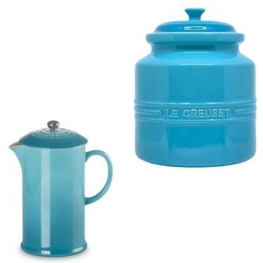 Imagem de KIT LE CREUSET PRENSA FRANCESA E POTE DE BISCOITO 2,4L EM CERÂMICA AZUL CARIBE