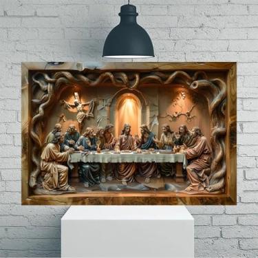 Imagem de Arte de parede em tela rústica vintage escultura em madeira da Última Ceia - Pôster sem moldura de 30 x 45 cm - Decoração de casa e escritório para sala de estar, quarto, cozinha e café