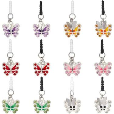 Imagem de 12 peças de 6 estilos, entrada de fone de ouvido, plugue antipoeira de 45 mm/1,8 polegadas de comprimento com pingente de borboleta, plugue antipoeira de liga esmaltada, plugues de fone de ouvido com