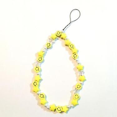 Imagem de Cordão de pingente, 1 chaveiro feminino de cerâmica macia sorridente com contas de rosto sorridente colorido (amarelo)