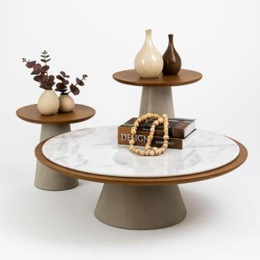 Imagem de Conjunto Prisma 3 Mesas: Centro 100 cm com Mármore + Laterais Freijó e