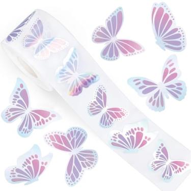 Imagem de 500 peças de adesivos de borboleta de mola, rolo de 2,54 cm, adesivos de vinil com glitter para crianças, etiqueta de borboleta a laser, autoadesivos, para sala de aula, adesivos à prova d'água para