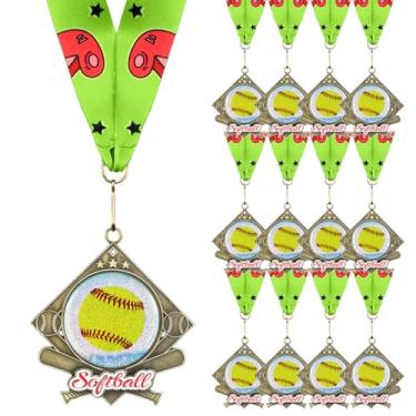 Imagem de Seenelling Troféu de bola esportiva de metal com fita de pescoço para presente para participar de jogos esportivos (12 peças, softbol)