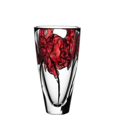 Imagem de Kosta Boda Vaso de tatuagem de 25,4 cm, vidro pintado à mão - inspirado em tatuagem rosa, decoração de casa e escritório - peça central de mesa, recipiente versátil para flores, vermelho/transparente