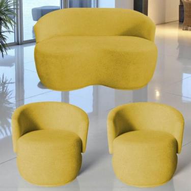 Imagem de Kit Namoradeira + 2 Poltronas Decorativa Beatriz Orgânica Couro Amarel