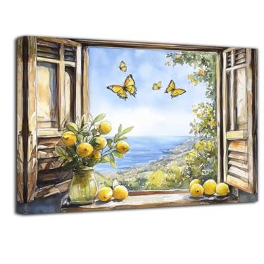 Imagem de ZXHYWYM Arte de parede limão imagens de limão para cozinha borboleta na janela decoração de banheiro aquarela pintura de verão impressões de frutas amarelas azul praia sala de jantar (40,6 cm x 61 cm)