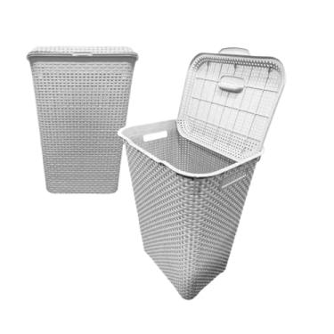 Imagem de Cesto de Roupas Plástico com Tampa 70L Estilo Rattan para Lavanderia e Banheiro (branco)