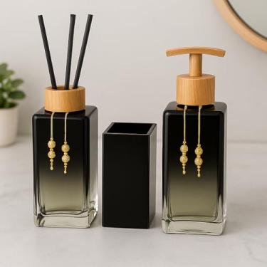 Imagem de Kit Banheiro Luxo Square – Sabonete Líquido, Difusor Aromatizante e Porta Escova de Vidro Decorativo 250ml (Preto Degrade C/Amadeirado)