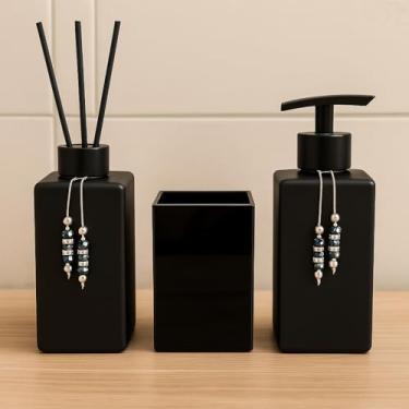 Imagem de Kit Banheiro Luxo Square – Sabonete Líquido, Difusor Aromatizante e Porta Escova de Vidro Decorativo 250ml (Preto Fosco C/Valvula Preto)