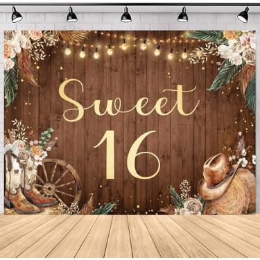 Imagem de SVBright Sweet 16 Pano de fundo 7Lx5H Western Cowgirl Retro Boho Pampas Grass Country Flower Floral West Botas de madeira rústica chapéu decorações de casa de fazenda faixa de fundo fotografia estande