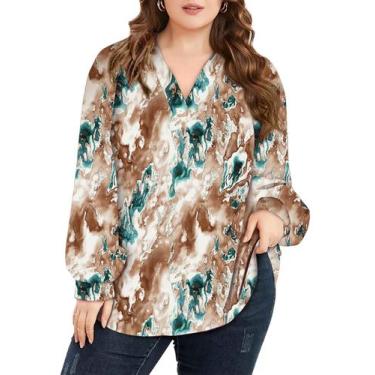 Imagem de Blusa feminina Eytino plus size com decote em V, lanterna de manga com