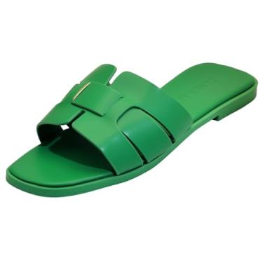 Imagem de Sandálias rasteiras femininas, chinelos femininos de couro com alça cruzada, sapatos elegantes e confortáveis, elegantes para o verão, outono, primavera, fofo, bico aberto, calçado casual, Verde, 38