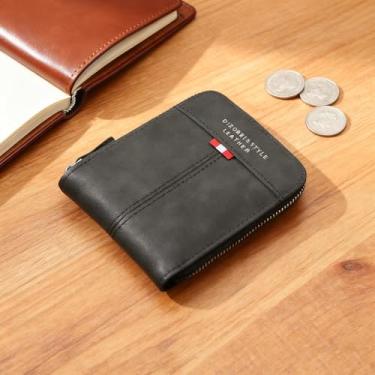 Imagem de Carteiras finas para homens, carteira de couro resistente ao desgaste com zíper, porta-cartões dobrável minimalista com bolso para dinheiro, carteira masculina retrô, presente preto