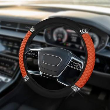 Imagem de HQRNYP Capa de volante de couro macio brilhante, protetor de volante, 38 cm colorido strass elástico, acessórios de carro de couro diamante antiderrapante para mulheres e meninas (laranja)