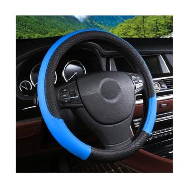 Imagem de FALVFUN Capa de volante de carro, couro elástico de 38 cm, protetor de volante de veículo, antiderrapante, respirável, acessórios de proteção interna automotiva, ajuste universal (preto/azul)