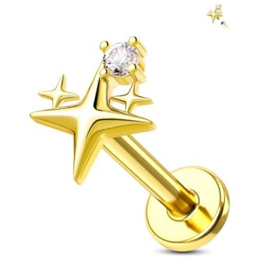 Imagem de Jewseen Piercing de estrela hélice/tragus de 16 g, joia labret rosqueada internamente 6 mm, brinco de cartilagem de costas planas CZ transparente CZ Labret stud 316L aço cirúrgico prata cartilagem