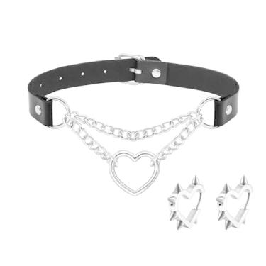 Imagem de Lyfange Conjunto de joias góticas para mulheres, colar de gargantilha de coração preto, brincos de argola de prata com pontas de coração ajustáveis em camadas gargantilhas gargantilhas punk