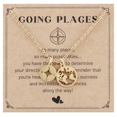 Imagem de Kivosliviz Colar de bússola para mulheres, amigas, bússolas, presente temático, dourado, mapa do mundo