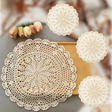 Imagem de 4 peças de toalhas de renda para mesas, crochê, porta-copos bege redondos/doilies de crochê, jogo americano de renda redondo feito à mão, toalhas vintage para cozinha, sala de jantar, festa, cômodos