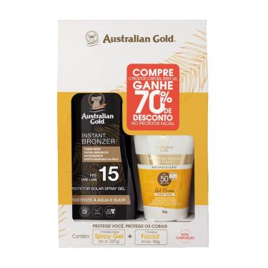 Imagem de Kit Australian Gold Protetor Solar Instant Bronzer FPS 15 Spray Gel 237g e Protetor Facial FPS 50 Gel Creme 50g