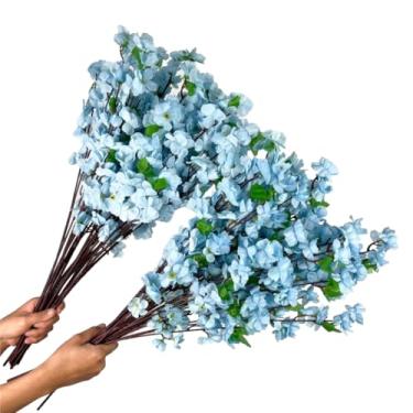 Imagem de Kit 10 a 40 Hastes De Flores De Cerejeira Artificial 65cm Flor Pessegueiro Estilo Oriental Para Decoração- Ramos de Pessegueiro Oriental para Decoração de Vaso(Azul Claro,kit 10 unidades)