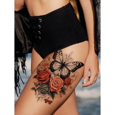 Imagem de Tatuagem de braçadeira artificial 3D multicolorida, vintage, borboleta, rosa, presente, braço, peito, abdômen, costas, corpo temporário, impermeável, adesivo, 1 pacote