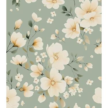 Imagem de Papel de parede verde descascar e colar, papel de contato floral bege vintage 44,5 cm x 299,7 cm, papel de parede botânico retrô autoadesivo removível à prova d'água para quarto de meninas prateleiras