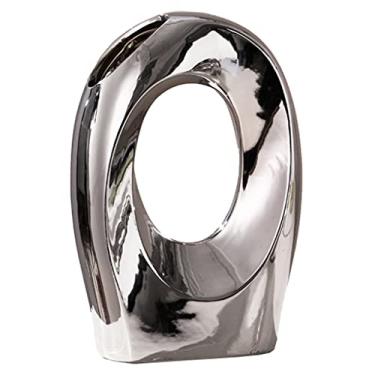 Imagem de Vaso de flores de cerâmica, vaso de donut oco redondo nórdico decoração minimalista estilo de arte decoração de sala de estar para casa (cor: prata, tamanho: S) (prata grande)