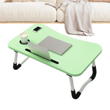 Imagem de Mesa de laptop para cama | Mesa de cama dobrável com suporte de copo e compartimento para tablet, bandeja de laptop com gaveta de armazenamento para café da manhã, trabalho, leitura