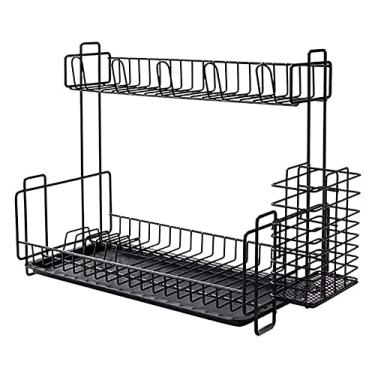 Imagem de BSNANCA Escorredor de louça, escorredor de pratos com bandeja extensível, suporte de copo de vinho, talheres de 2 camadas, pia de cozinha, antiferrugem para pratos e copos (cor: preto) zhuang94 (cor