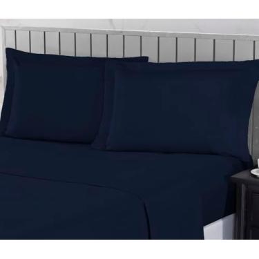 Imagem de Jogo de Cama Casal 400 Fios Percal 04 Peças Com Lençol de Cima e Aba Americana, Antiácaro, Anti-pilling com Toque Macio - Azul Marinho, Casal