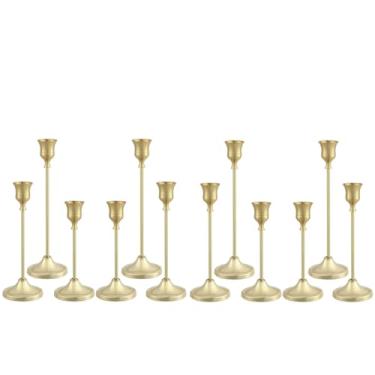 Imagem de Tunyet Castiçais 4 conjuntos (12 peças), castiçais dourados com almofada antiderrapante, suporte de vela afunilado de metal, suporte de vela para lareira de casamento, presente de inauguração de casa