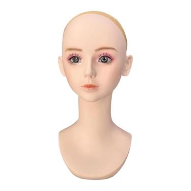 Imagem de KiBcsLic Cabeça de manequim feminina, busto, peruca, suporte de exposição realista com maquiagem, com touca de peruca para acessórios de beleza e cabeleireiro
