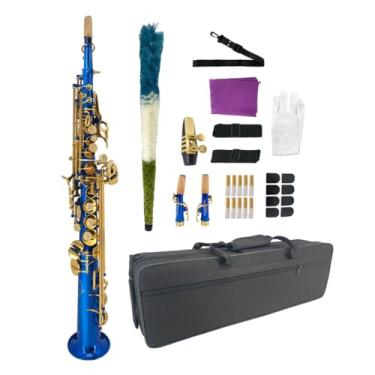 Imagem de WUQIMUSC Saxofone soprano reto Bb – Acabamento em laca dourada, design ergonômico com capa, bocal, alça de pescoço e acessórios, ideal para iniciantes e jogadores avançados (azul)